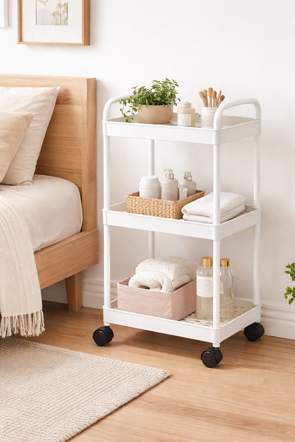 3-Tier Small Rolling Storage Cart Multi Purpose Utility Organizer White PVC