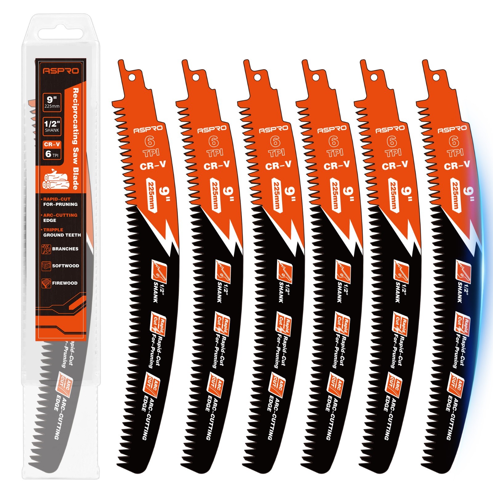 9/12/15″ Reciprocating Saw Blades 6Pack 6TPI Arc Edge Pruning Wood Cutting CR-V