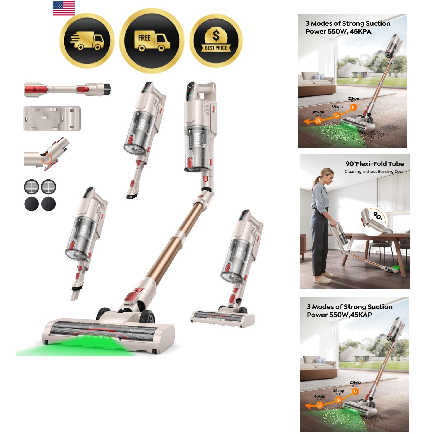 Cordless Vacuum Cleaner 550W 45KPA Pet Hair Floor Stick Handheld 50Min