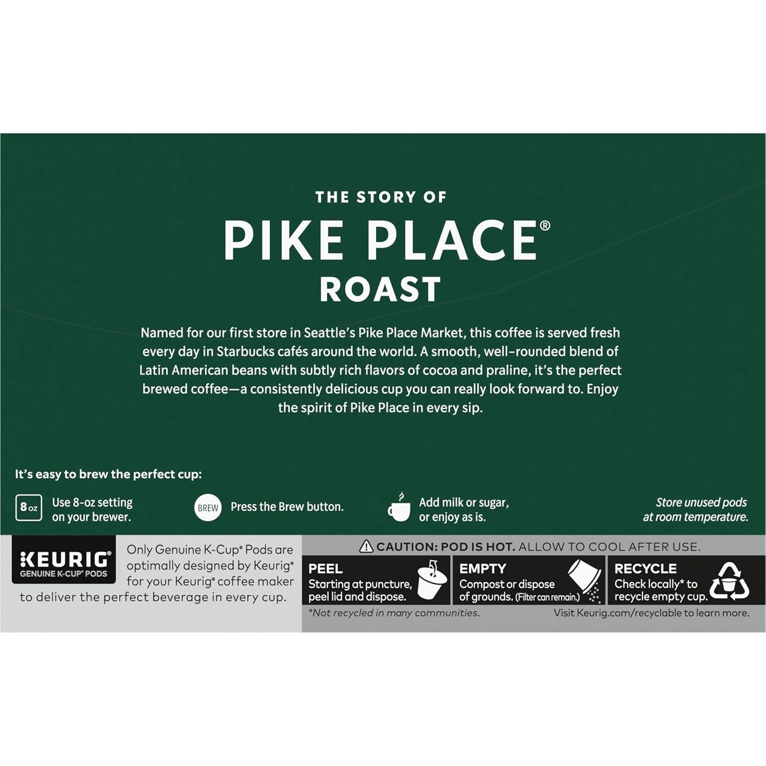 Starbucks K-Cup Coffee Pods, Medium Roast Hot or Iced Coffee, Pike Place 60 Pods