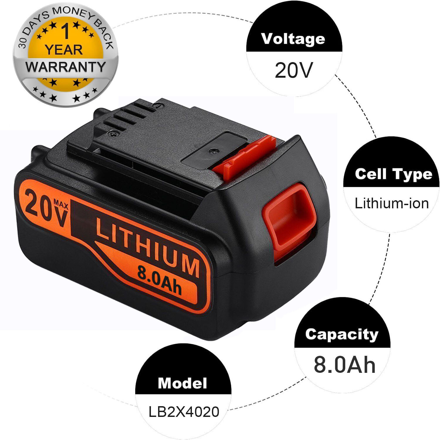 20V MAX Lithium-ion 8.0Ah Battery for BLACK & DECKER 20 Volt LBXR20 LBX20 LB20