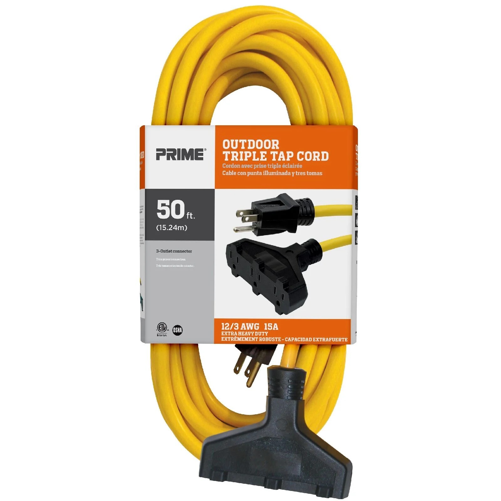 Prime 50ft Extension Cord 12 AWG Gauge 12/3 SJTW 3-Outlet Triple Tap Outdoor