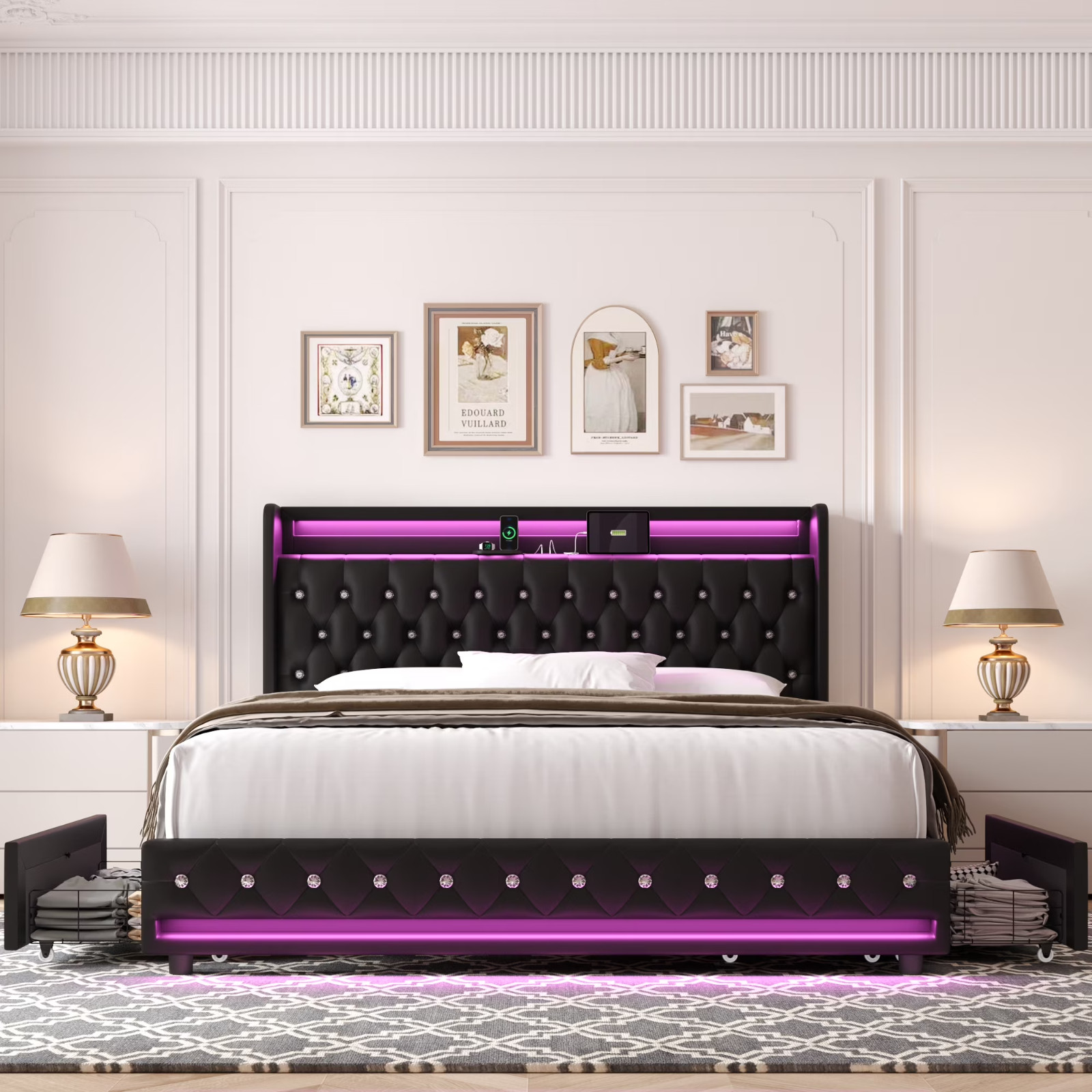 Marco De Cama Plataforma Queen Con Almacenaje Cabecera Tapizada Cuero PU LED Luz