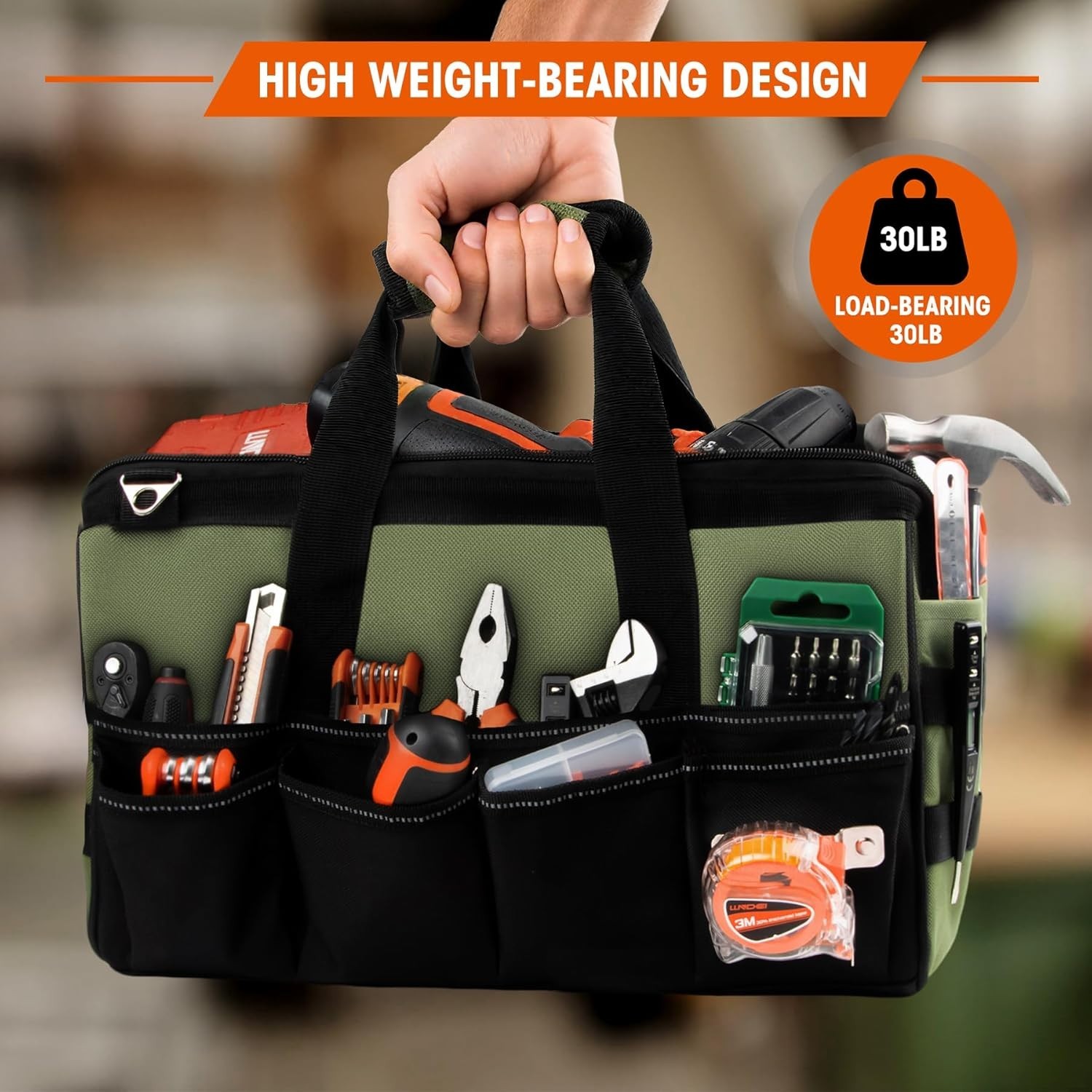 Bolsa de herramientas resistente, organizador portátil de 40 cm con 16 bolsillos
