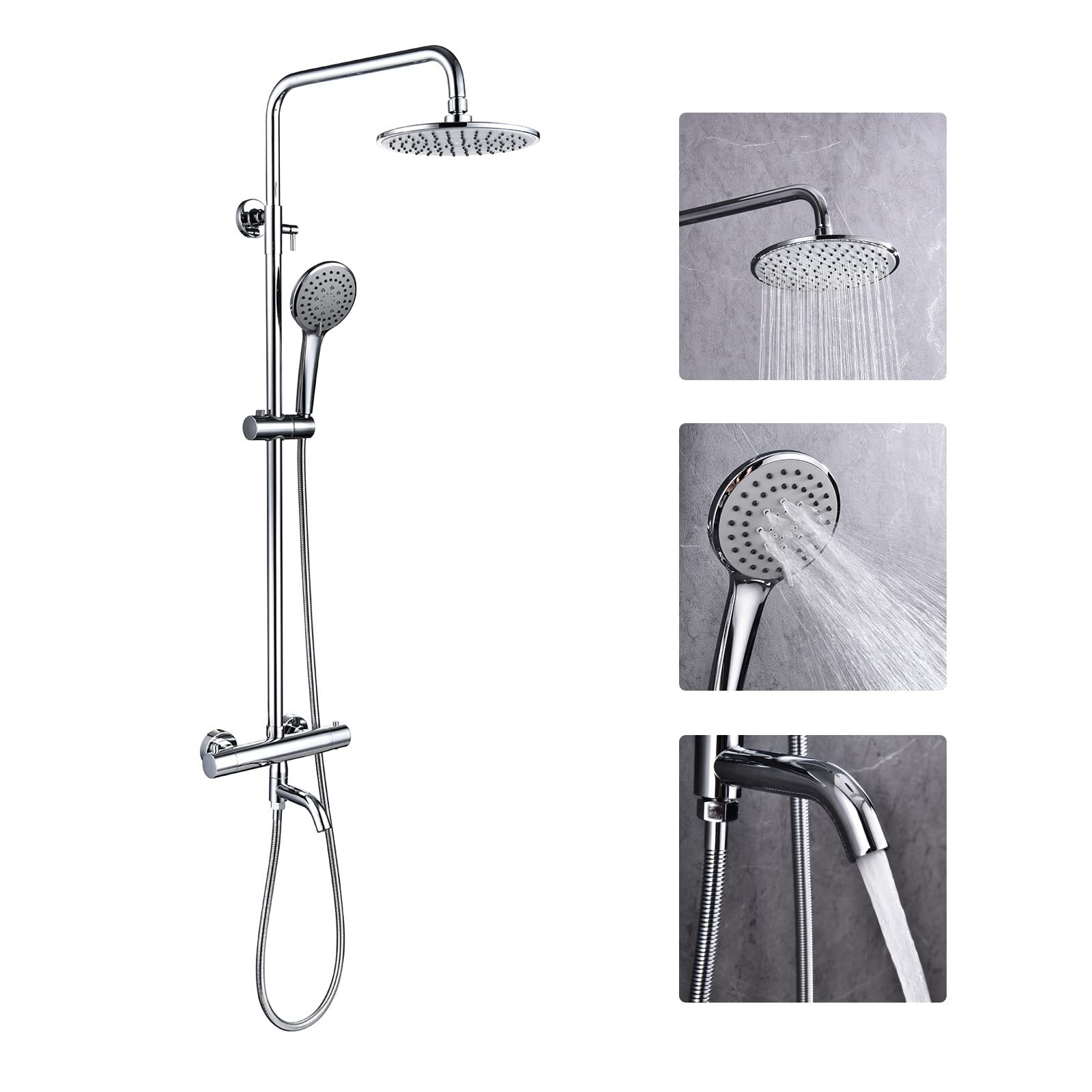 8″ Thermostatic Shower Faucet Set Mixer Rainfall Shower Head Tap With Hand Spray