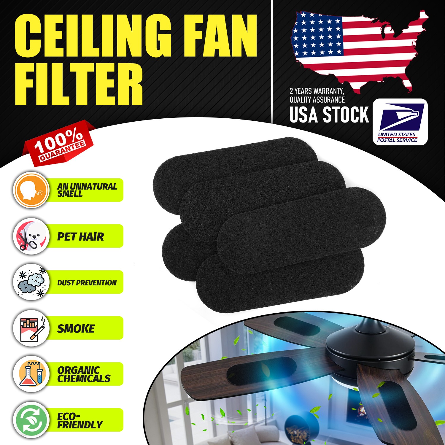 Ceiling Fan Filters for Blades 3MM Air Filters Activated Carbon Unscented Pads
