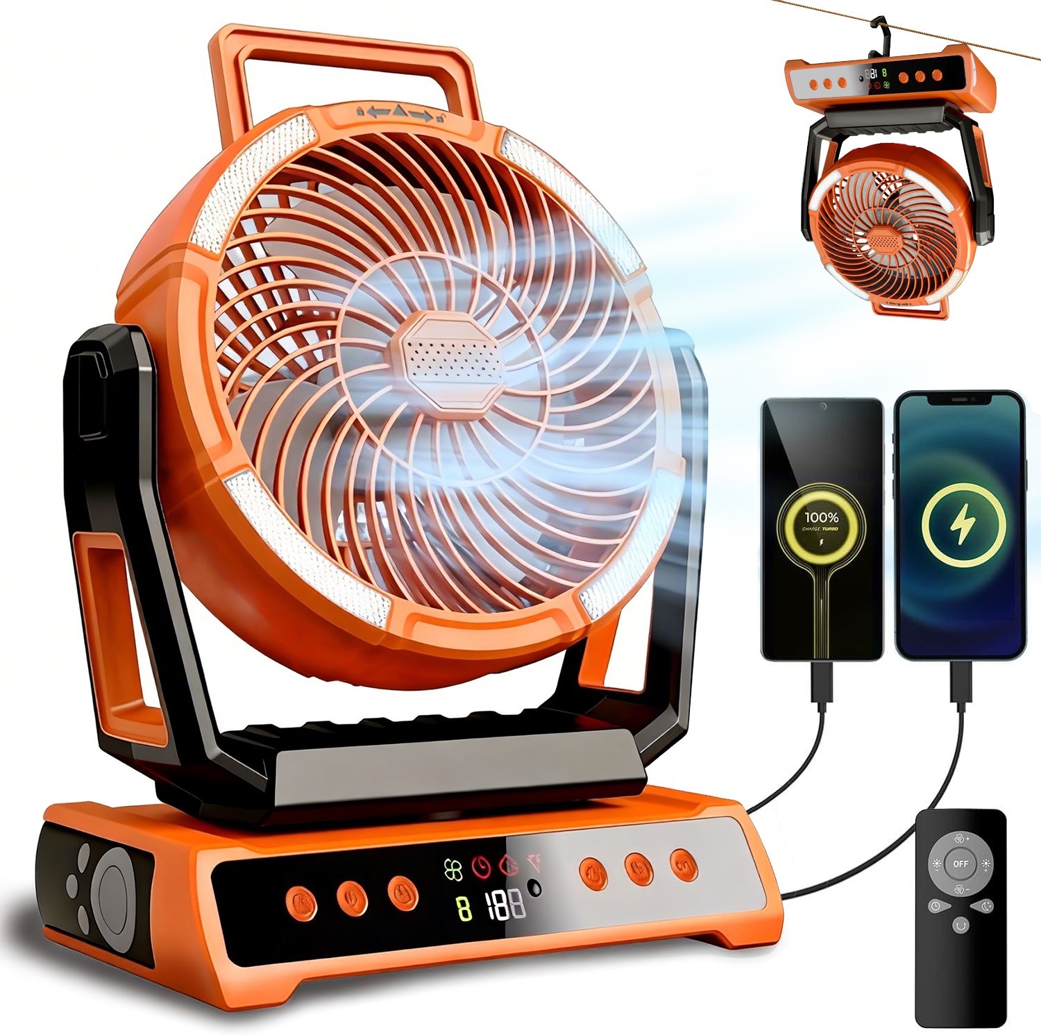 20000mAh Camping Fan Rechargeable Portable Fan with Remote LED Lights & 4 Speeds
