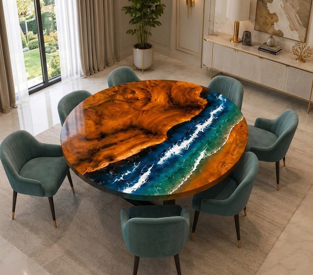 Luxury Ocean Blue Epoxy River Table Top – Live Edge Wood Handmade Dining Desk