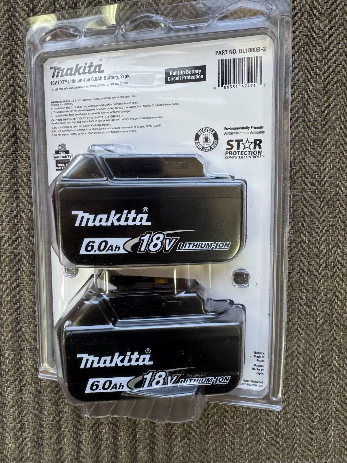 Makita BL1860B-2 18V 6 Ah LXT Li-Ion Battery w/ LED Charge Level Indicator, 2 Pk