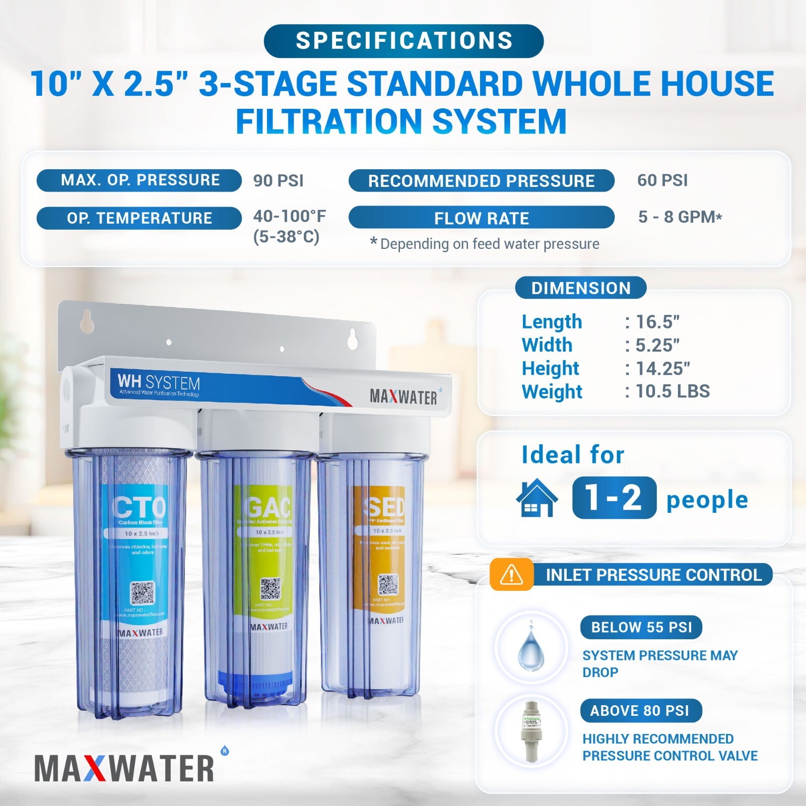 Whole House Water Filter System 2.5″ x 10″ Three Stage Filtration 3/4″ Inlet