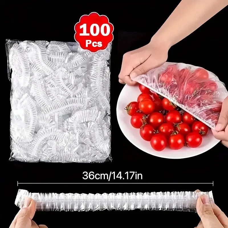 100Pcs Food Cover Disposable Plastic Wrap Elastic Food Covers For Fruit Bowl Cup