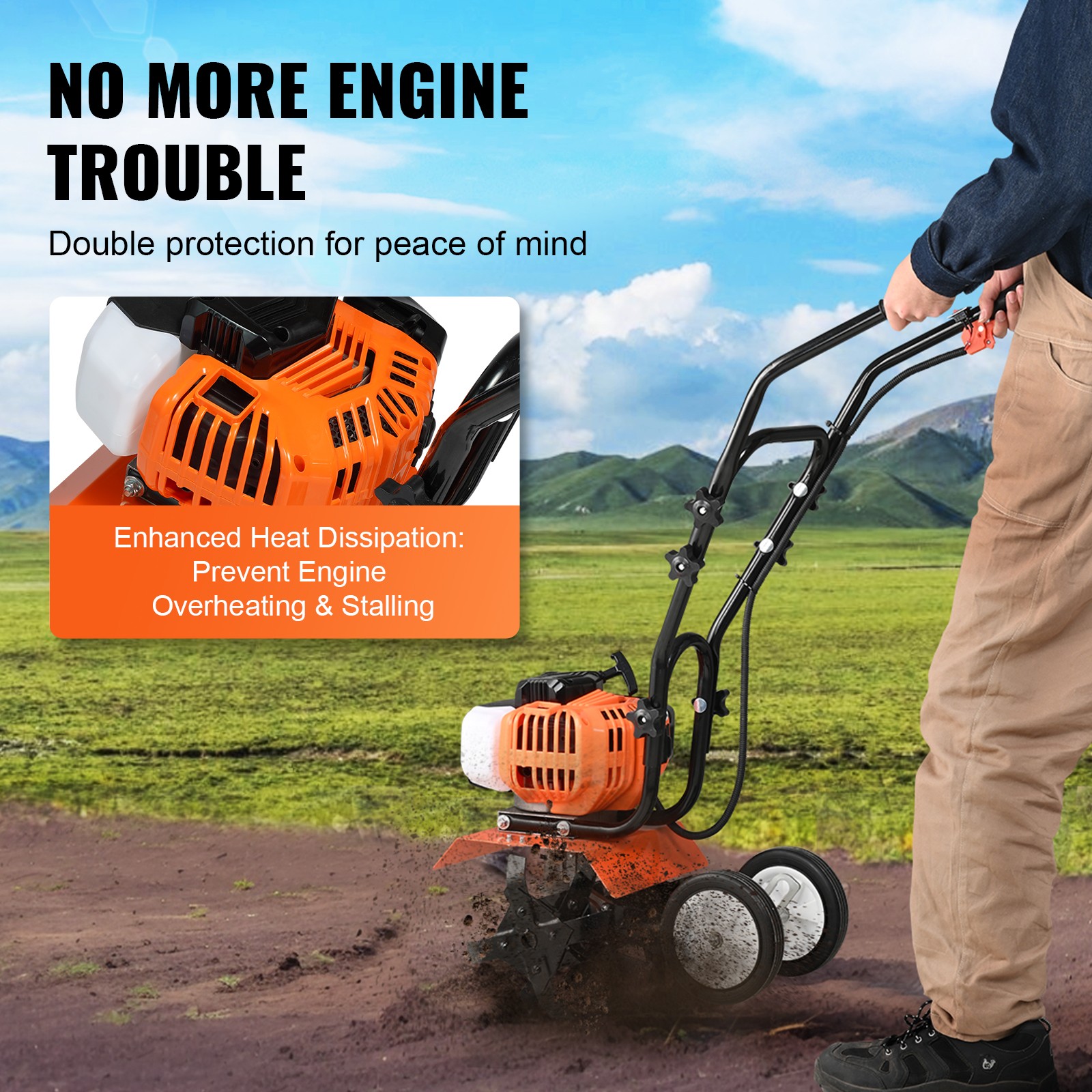VEVOR Tiller Cultivator Gas Powered 43CC 2-Stroke Garden Cultivator Lawn Garden