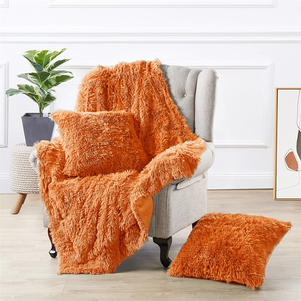 HST Fuzzy Shaggy Faux Fur Throw Blanket and Pillow Cover 3 Piece Set Plush Soft