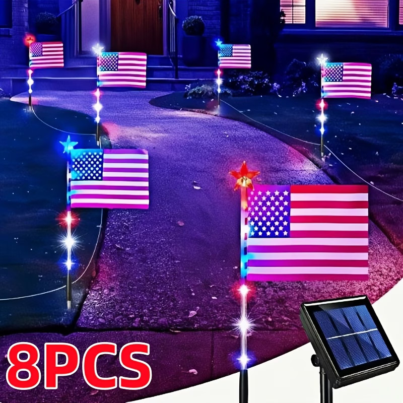8Pcs Solar American Flag Lights Set for 4th of July Decoration Yard Garden Decor
