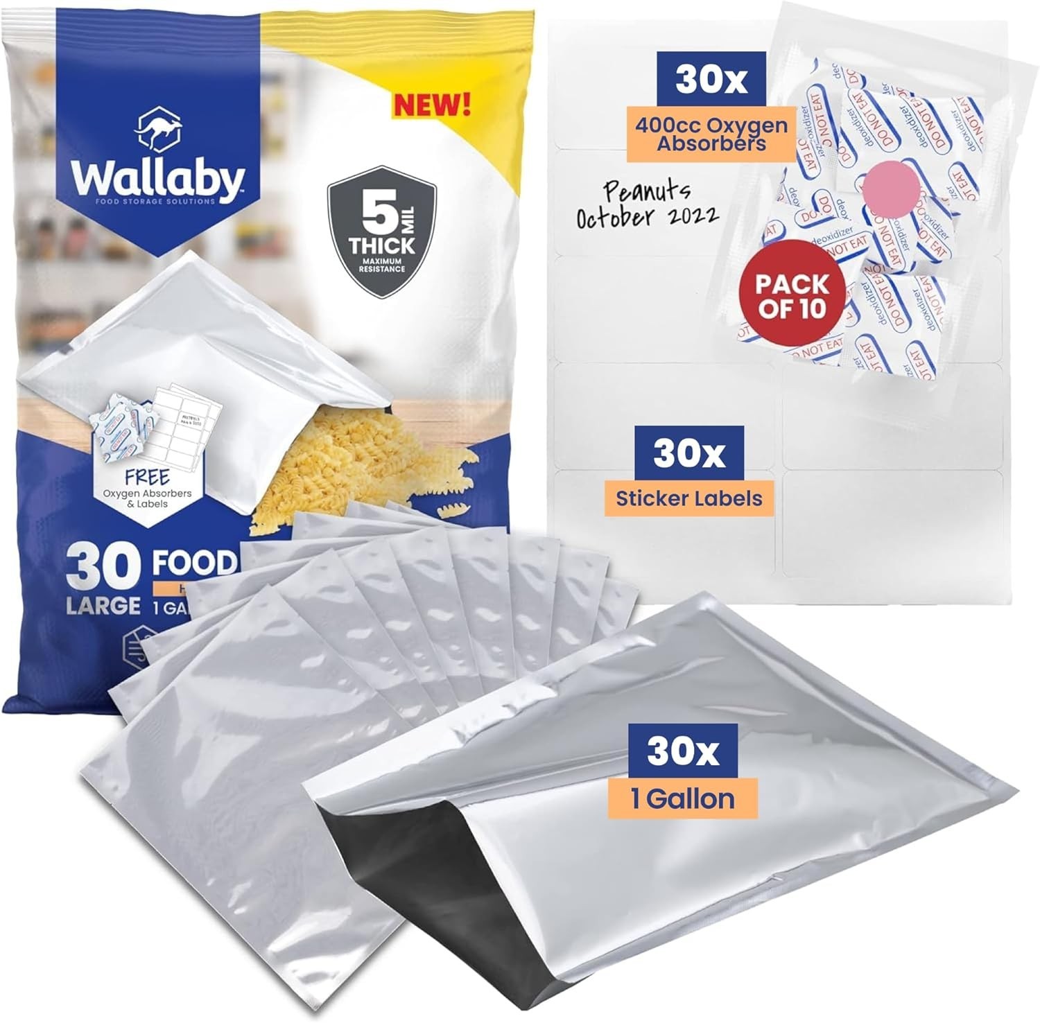 30 Count 1-Gallon Mylar Bags with 400cc Oxygen Absorbers, 10 Mil Total Thickness