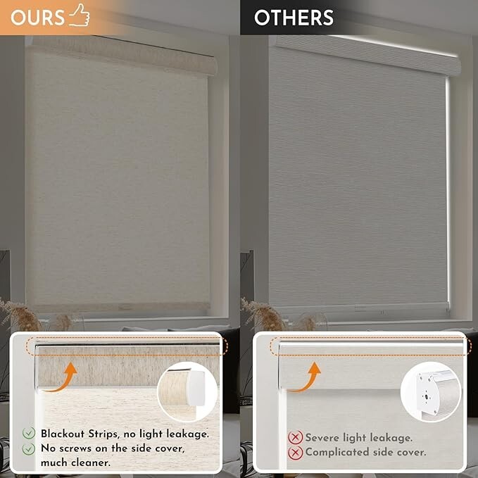 Blackout Motorized Cream Color Linen METechs Custom Size Cordless Roller Blinds