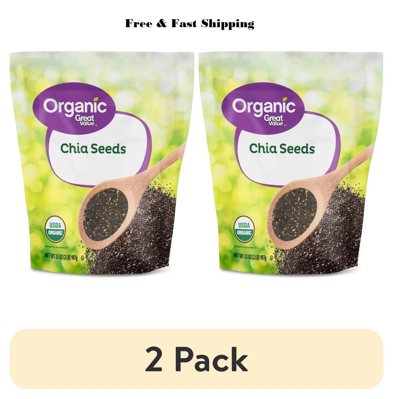 Great Value Organic Chia Seeds 32 oz each USDA Organic, Gluten-Free (pack of 2)
