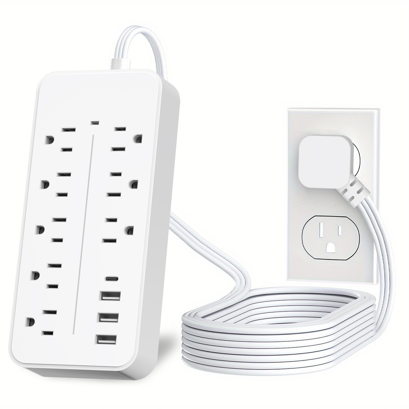 12-in-1 Power Strip Surge Protector 1700J 8 AC Outlets 4 USB Flat Plug Compact