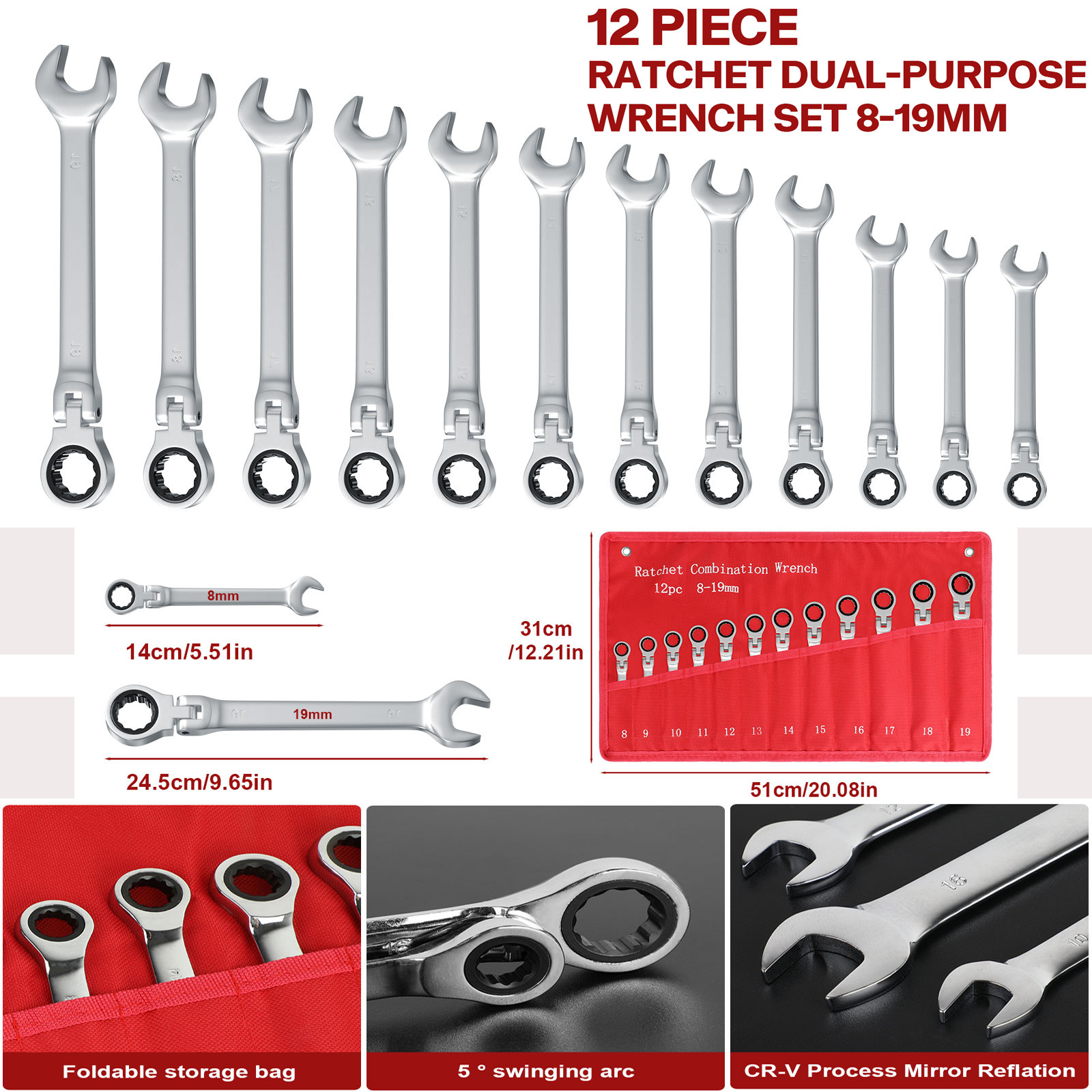 12Pc 8-19mm Metric Flexible Head Ratcheting Wrench Combination Spanner Tool Set