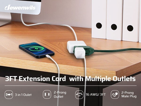 DEWENWILS 3-Pack 3 Ft Extension Cord with Multiple Outlets 2 Prong 16 AWG Green
