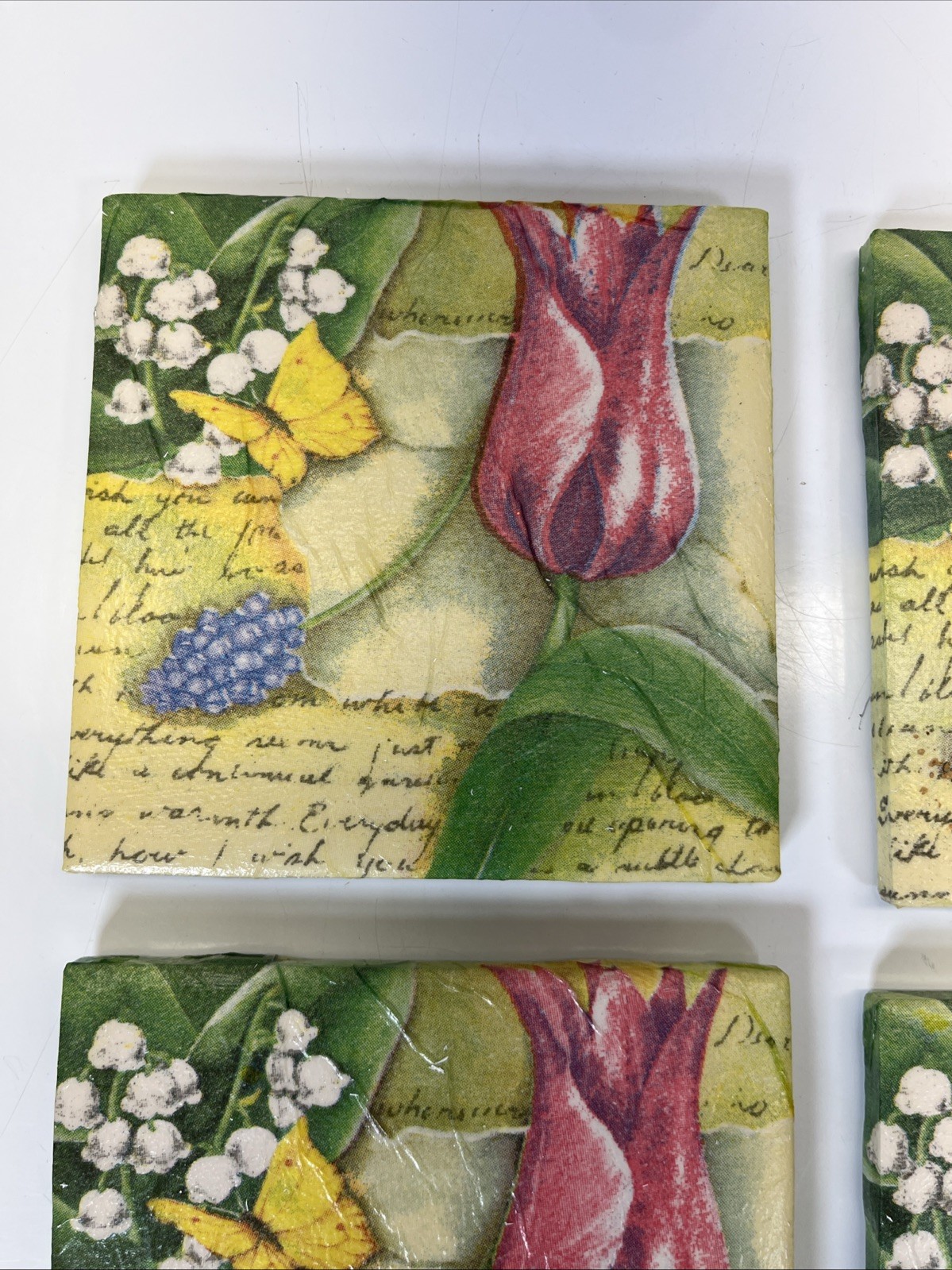 Set of 4 Ceramic Solid Coasters Flowers and Butterfly Fun Suare 4.25in