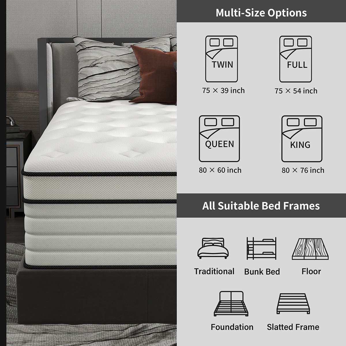 12/14 Inch Full Queen King Size Mattress Hybrid Foam Innerspring Bed in a Box