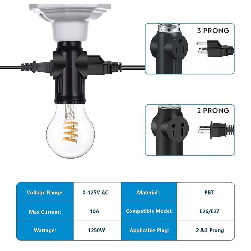 E27 E26 Light Socket to Plug Adapter 2/3 Prong Light Bulb Outlet Socket Adapter