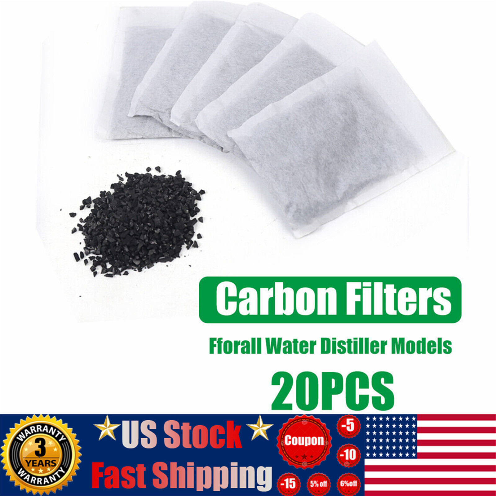 20 Packs Activated Carbon Charcoal Filters For Water Distiller Hygiene US