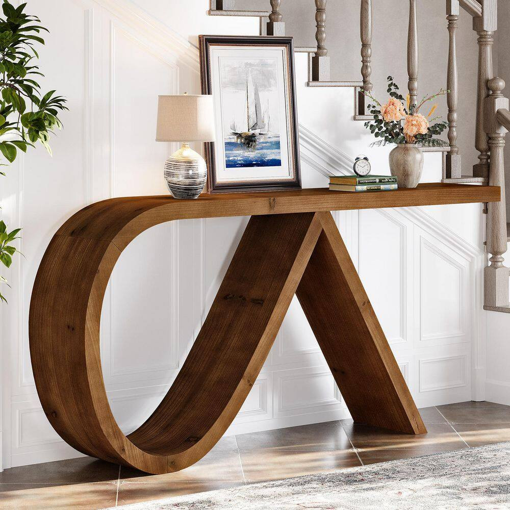 Walnut 57 In. Solid Wood Console Table with Unique Legs, Long Farmhouse Entryway