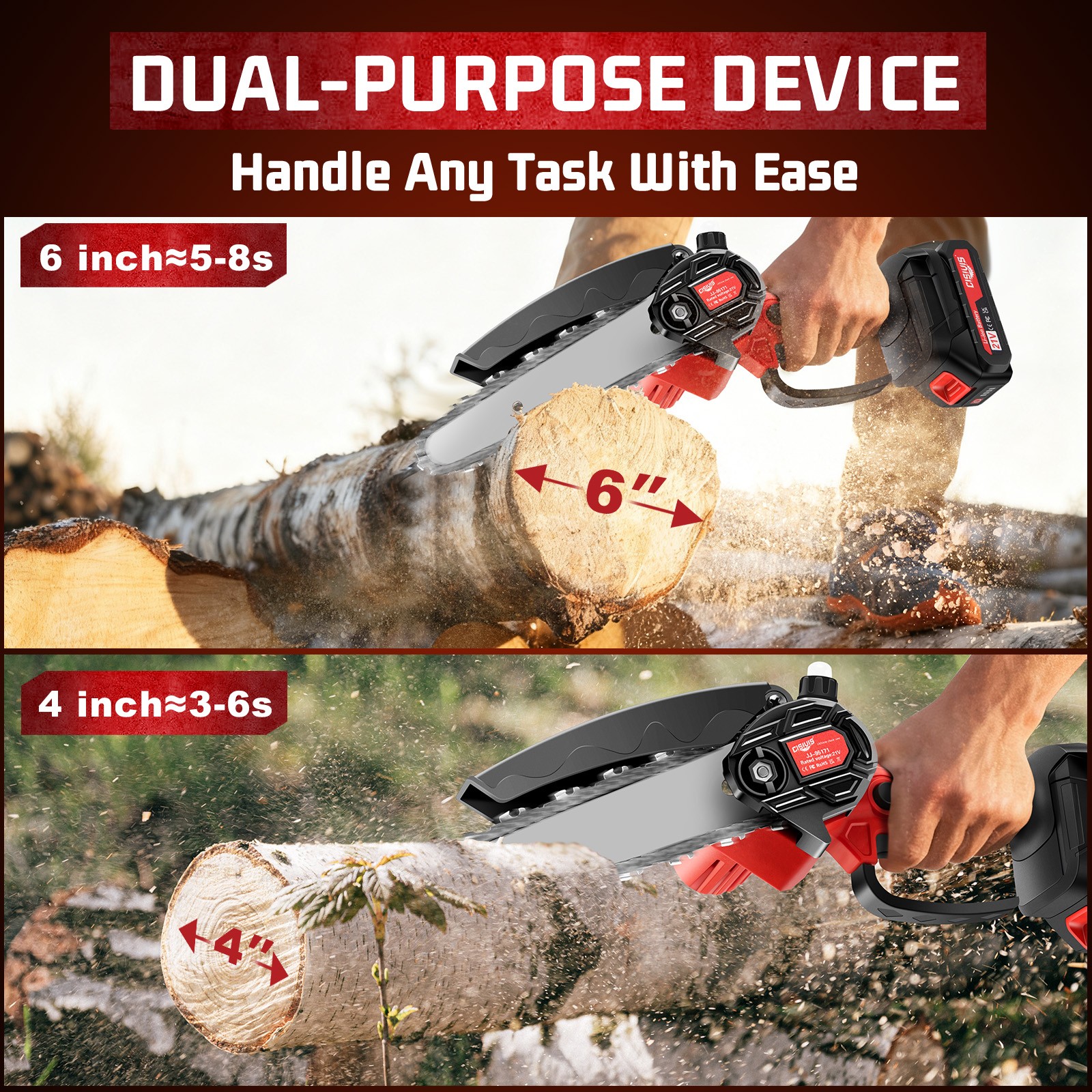 Mini Chainsaw 4/6 Inch Portable Electric Chainsaw Cordless with 2 Chainsaw