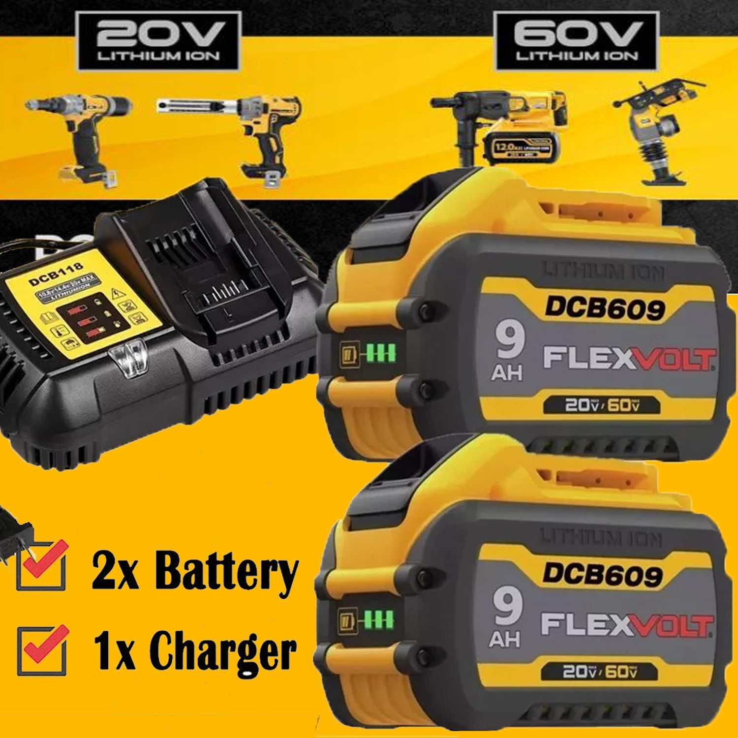 2Pack 9.0Ah for Dewalt FLEXVOLT 20V/60V MAX Battery and Charger DCB609 DCB606-2