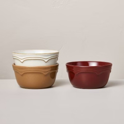 Set of 3 7 fl oz Ceramic Mini Bowls Green/Tan/Sour Cream/Burgundy – Hearth &