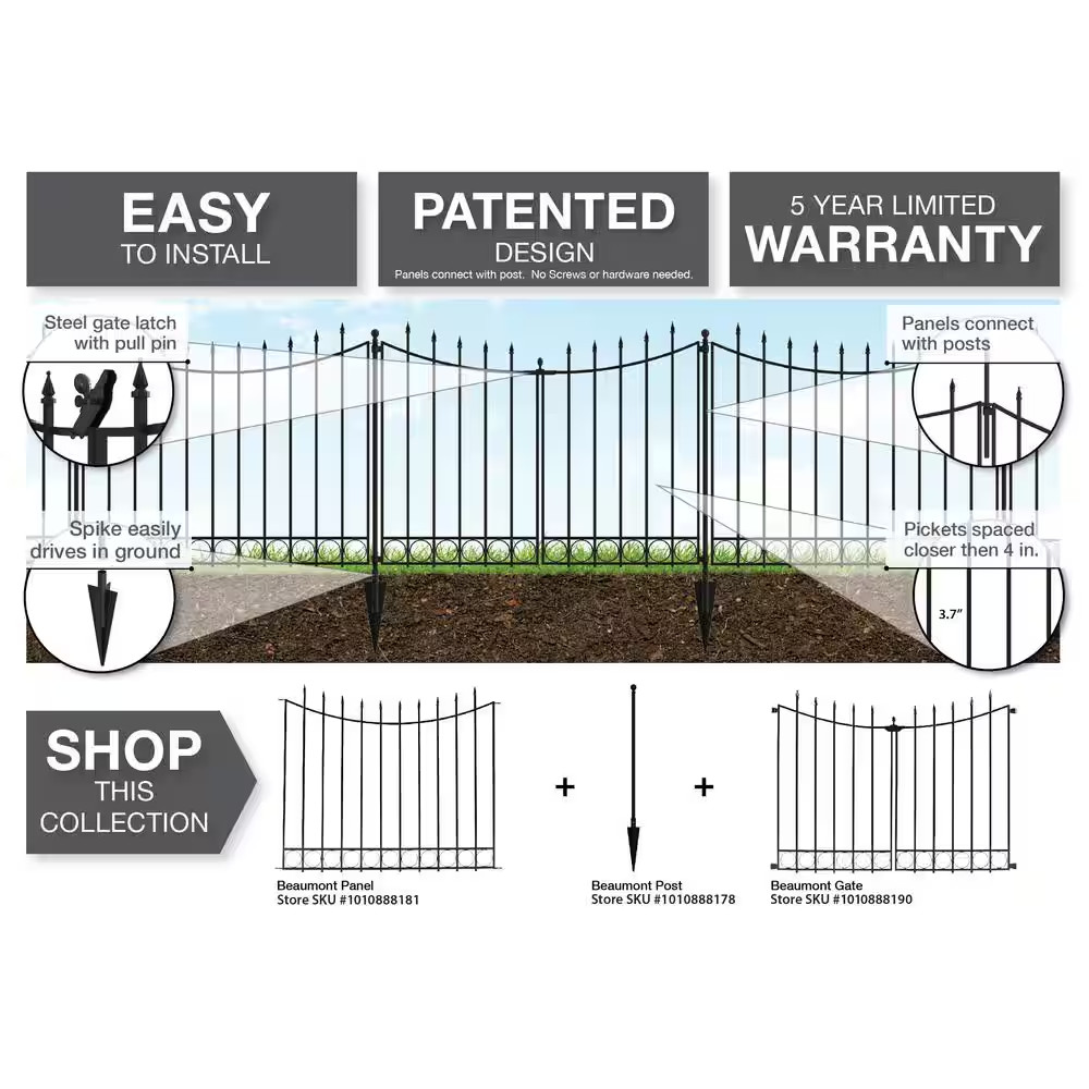 Beaumont 40.4 In. H X 49.6 In. W Black Steel 3-Rail Fence Panel (4-Pack)
