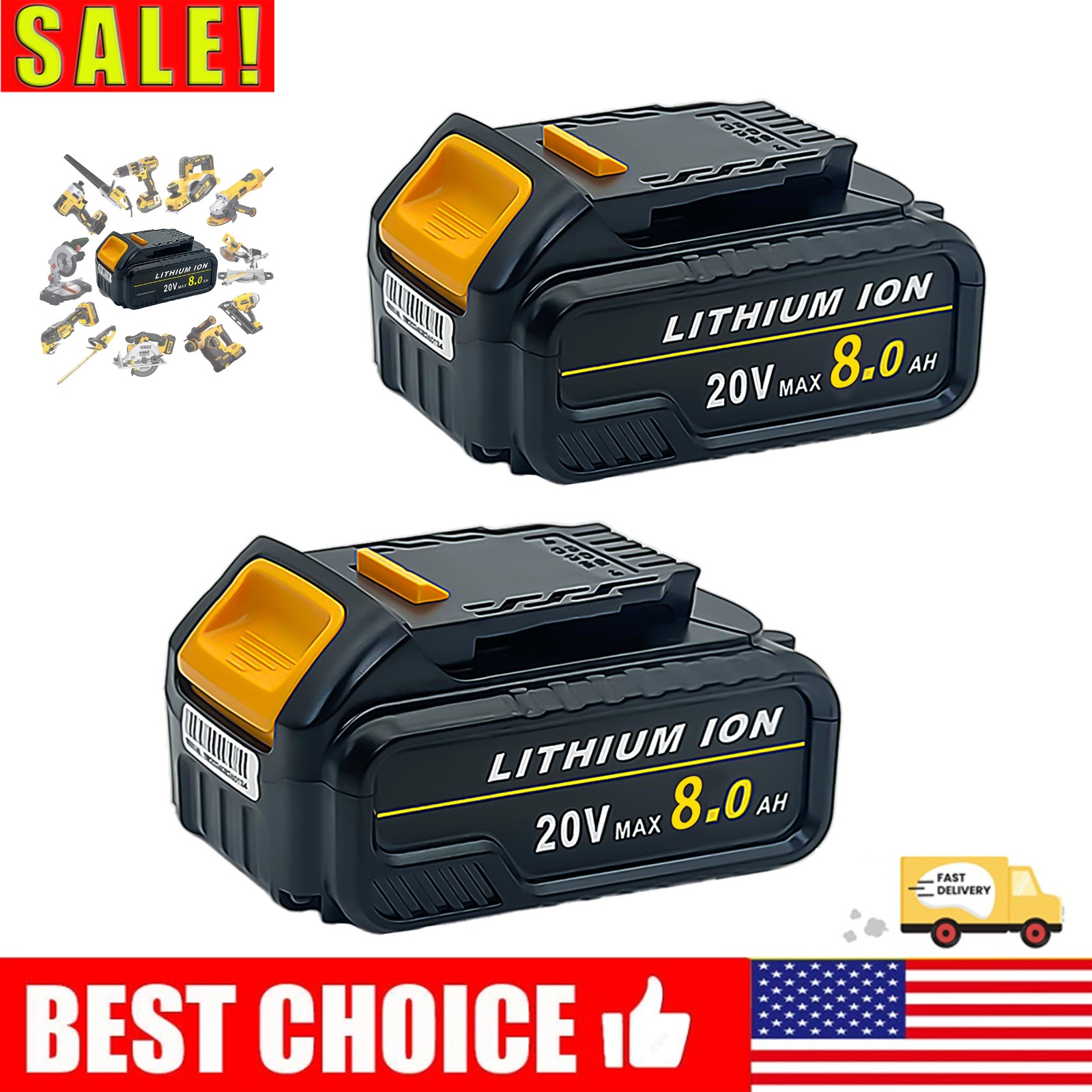 2-Pack 20V 8.0Ah Rechargeable Lithium-Ion Batteries Compatible with Dewalt（SALE）