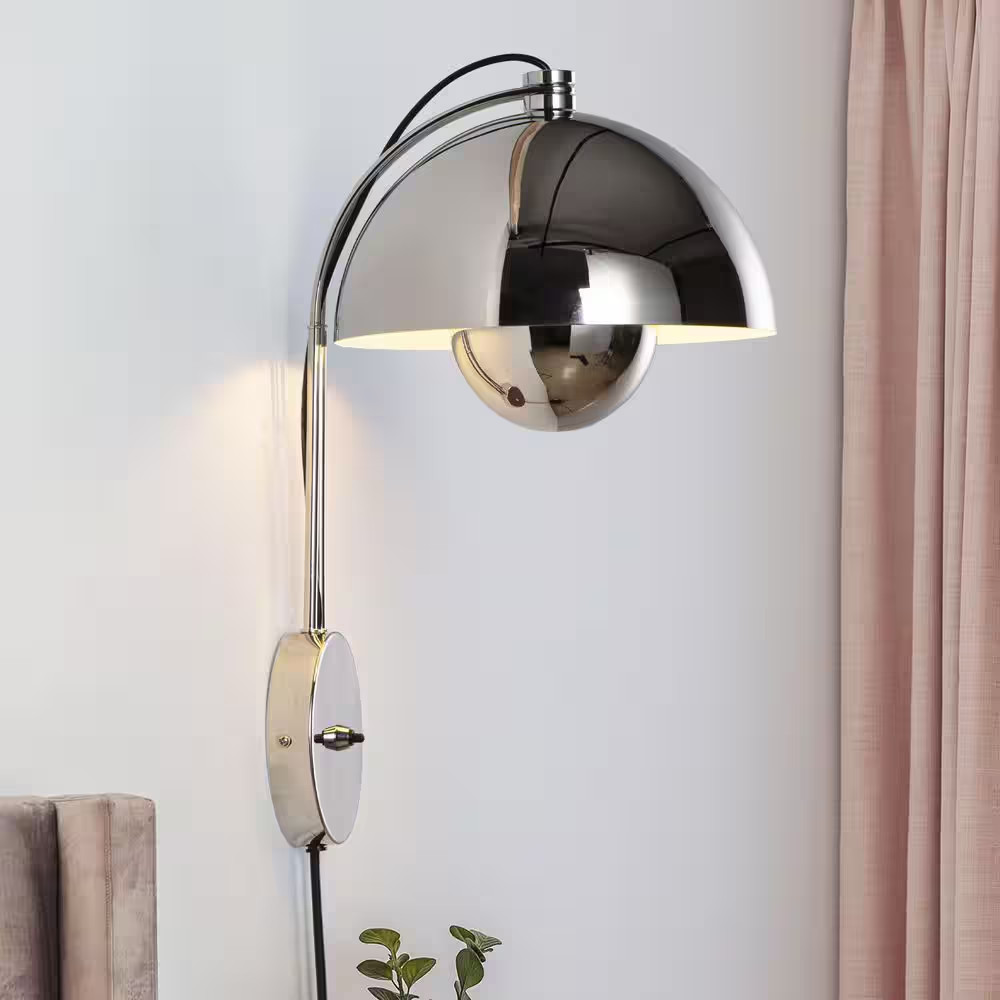 Modern 9.8 In. 1 Light Chrome Plug in Flower Pot Wall Sconces with Metal Dome Sh