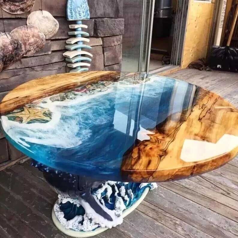 24″ Round Epoxy Table Tops Natural Ocean Waves Resin River Wooden Furniture