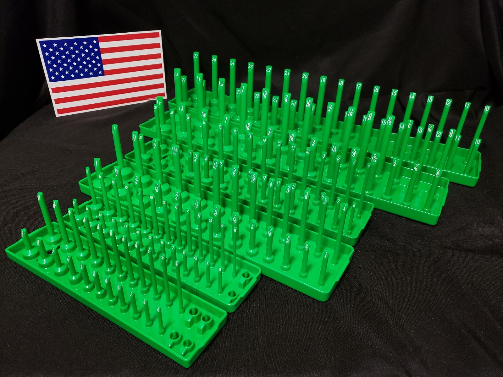 Hansen 6 Pc Socket Tray Metric SAE Tool Rack Holders 1/4″ 3/8″ 1/2″ Green – USA