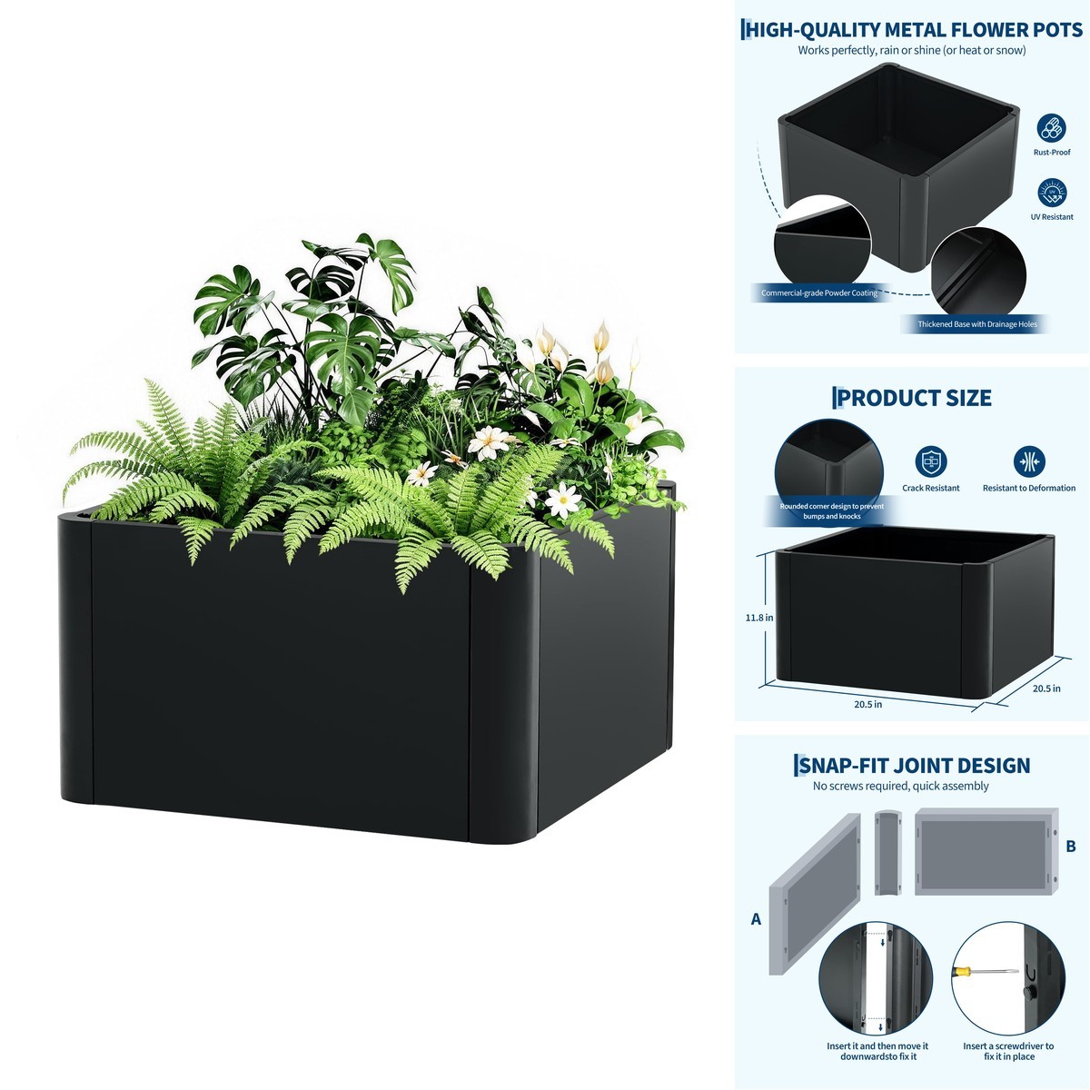 Garvee 20x20x12in Black Steel Curved Planter Rounded Corners
