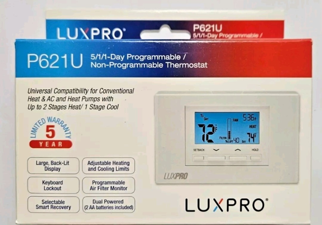 LuxPro P621U Thermostat for Heat & AC and Heat Pumps 2 Stages Heat 1 Stage Cool