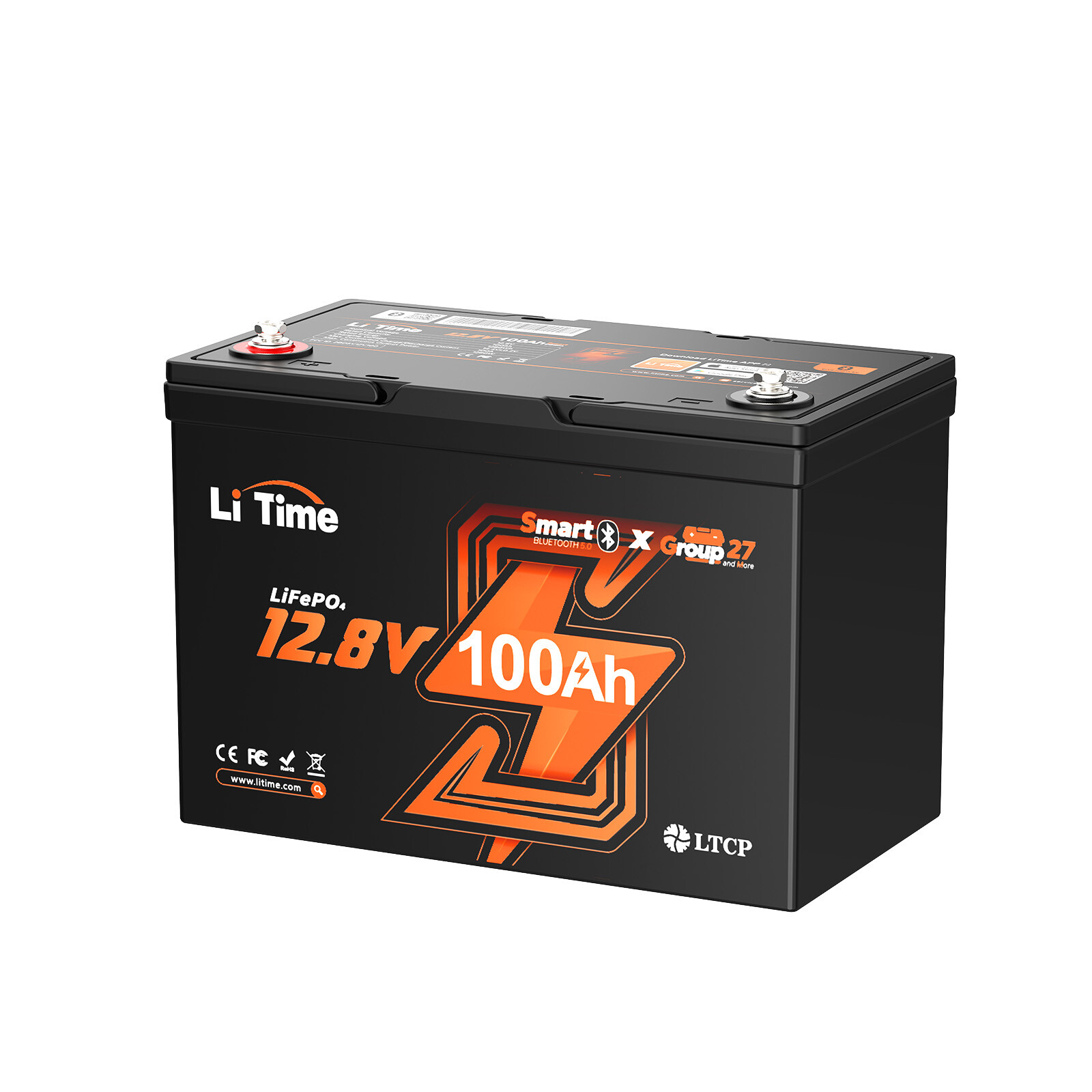 LiTime 12V 100Ah Group 27 Bluetooth LiFePO4 Lithium Battery For RV Marine Solar