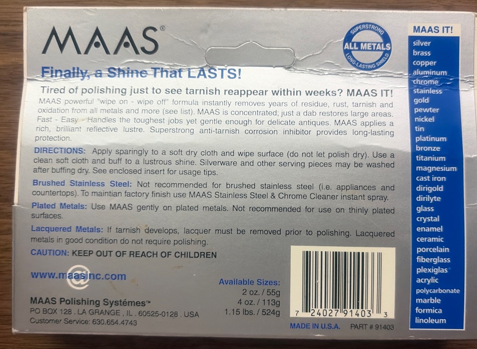 MAAS 2 oz. Concentrated Polishing Creme 2 Ounce Tube-All Metals Made in USA