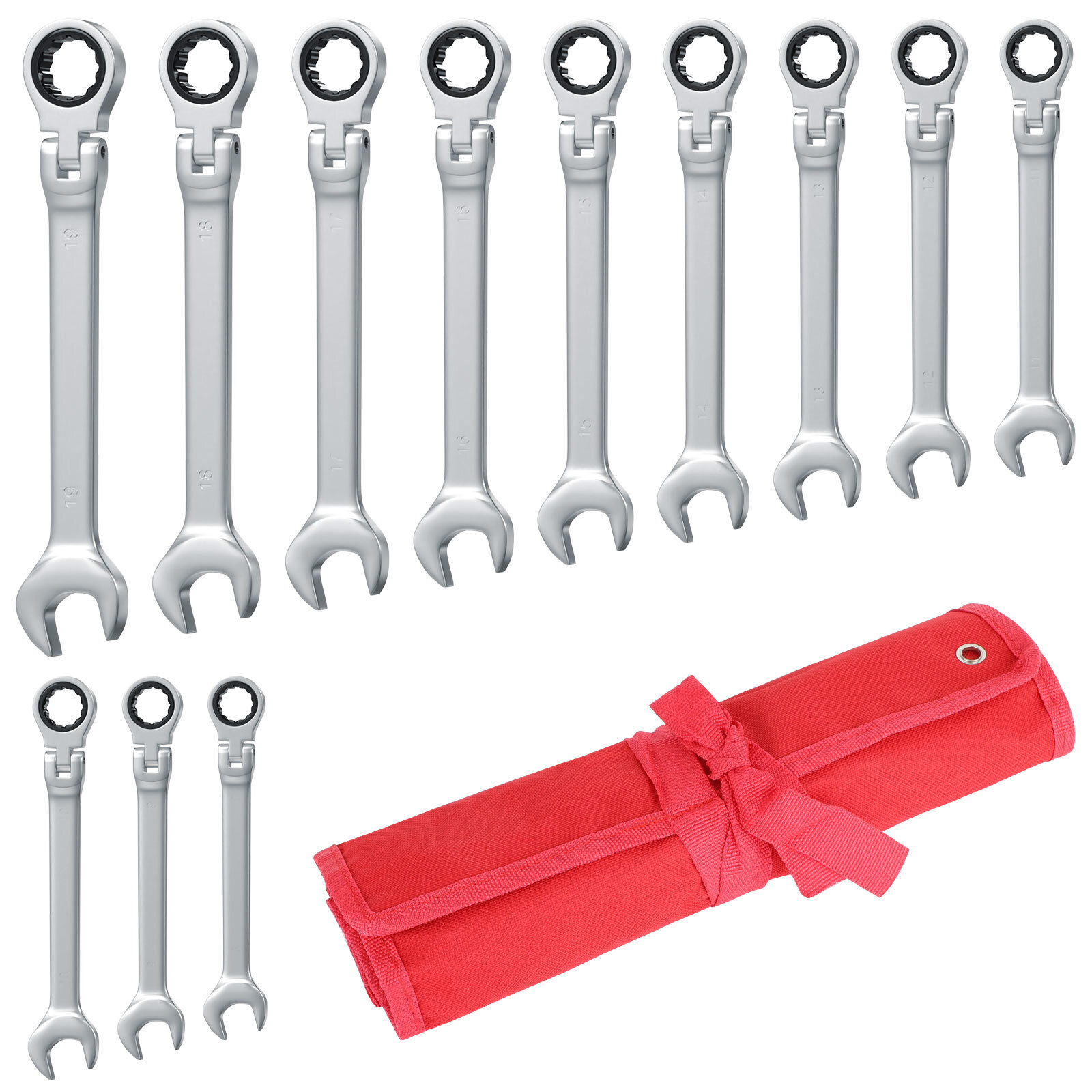 12Pc 8-19mm Metric Flexible Head Ratcheting Wrench Combination Spanner Tool Set