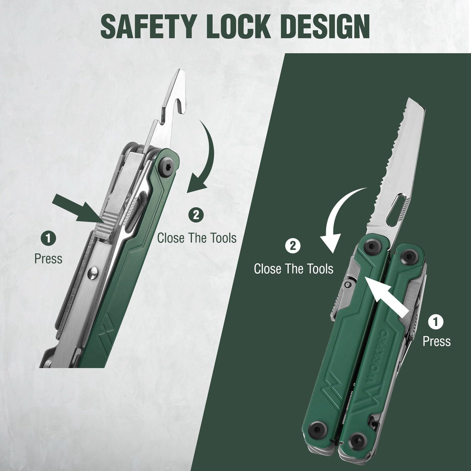 WORKPRO 18-in-1Stainless Steel Multi Tool Plier EDC Multitool 2Safety Lock Green