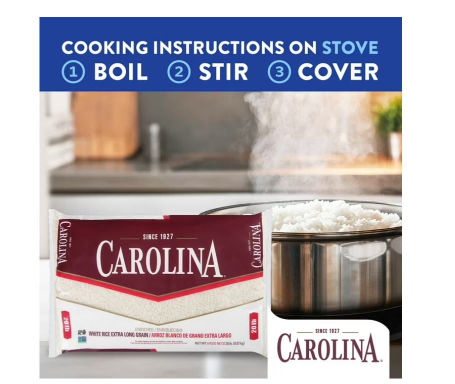 Carolina Enriched White Rice, Extra Long Grain, 20 lb Bag